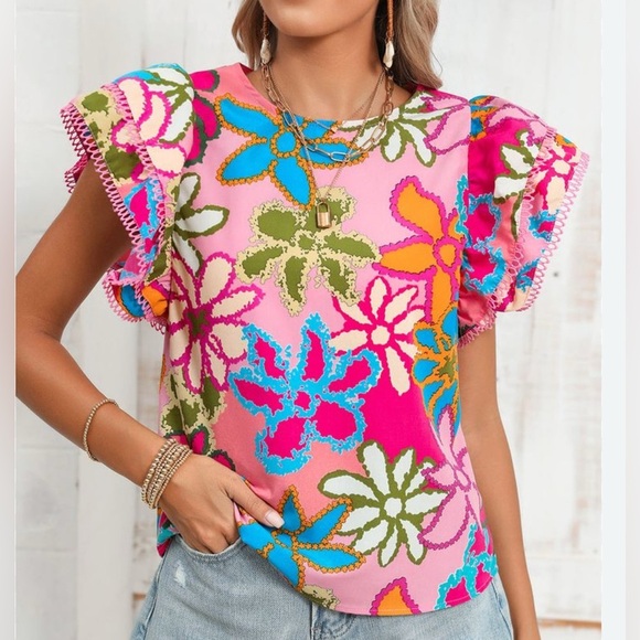 Multicolor Vibrant‎ Floral Print Trimmed Ruffle Sleeve Blouse M Women's - Picture 6 of 6